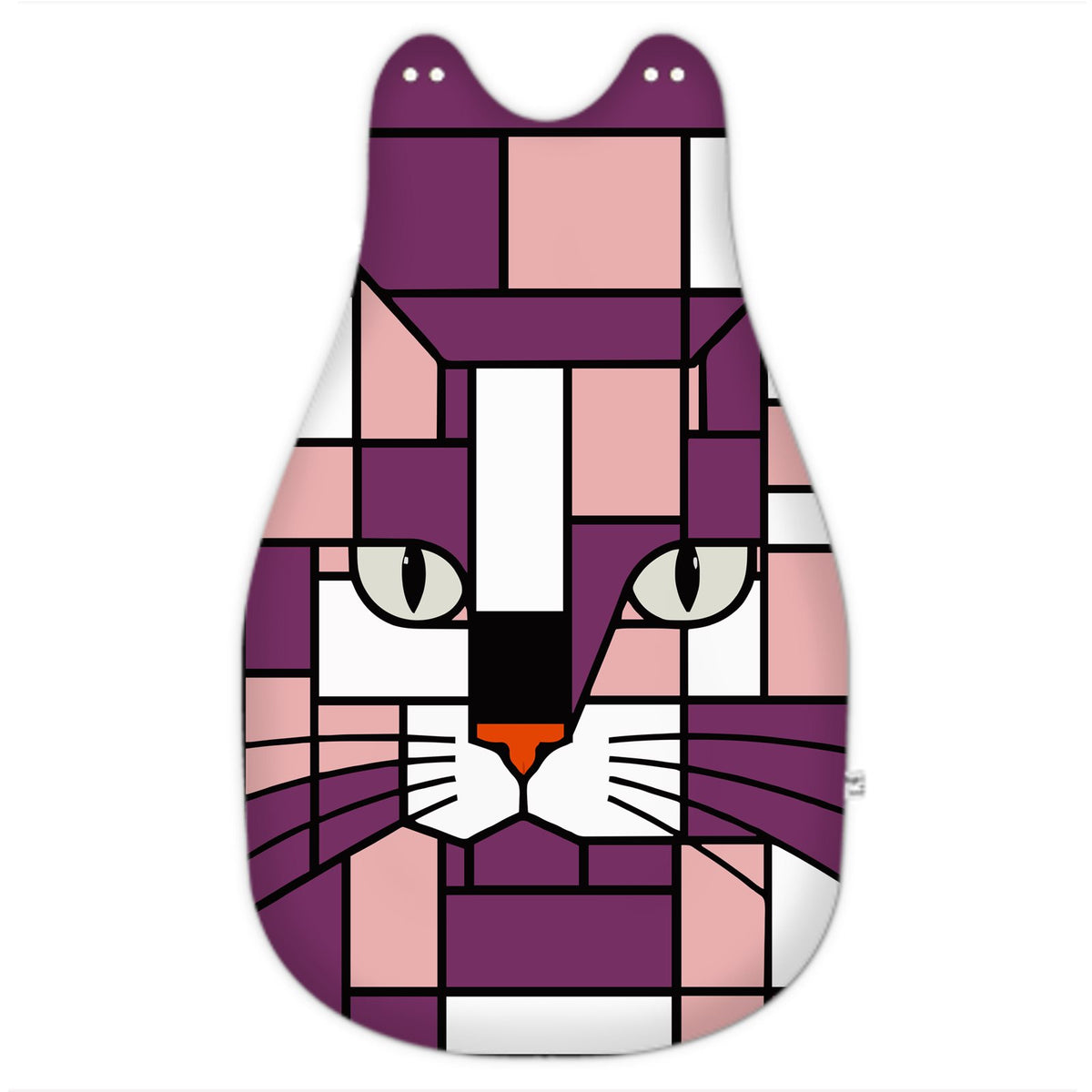 A baby sleeper featuring a stylized, geometric cat face design in shades of purple, pink, white, and black, shown against a plain white background.