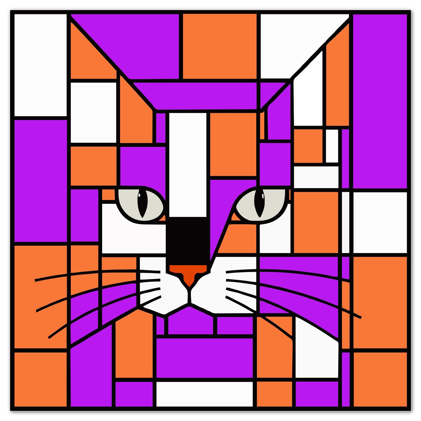 sticker sheets with cat face artwork made of purple, orange, white, and black blocks, centered on a white square background with a thin black border.