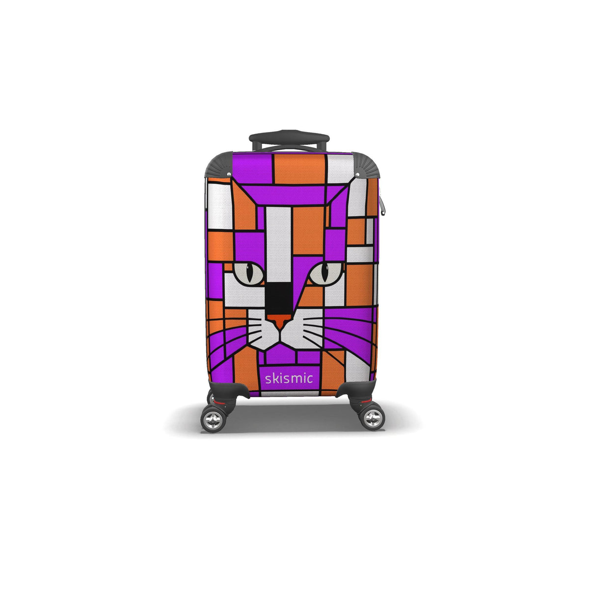 A hard-shell spinner suitcase with a colorful geometric cat face print in purple, orange, white, and gray, featuring the brand name 'skismic' on the front, set against a plain white background.
