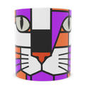 A white ceramic mug featuring a stylized, geometric cat face design in purple, orange, white, black, and gray.