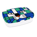 lunch box with a lid featuring a stylized cat face in a stained-glass pattern of blue, green, white, black, and a small orange accent, shown on a plain white background.