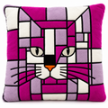 A square plush small cat toy cushion filled with catnip featuring a stylized, geometric cat face design in shades of magenta, lavender, and white with black outlines.